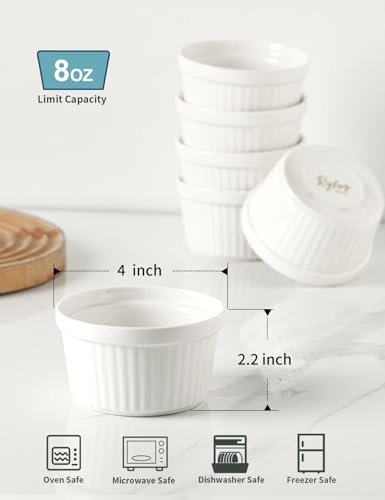 8 oz Ramekins Oven Safe Set of 6, Souffle Dish Baking Bowls, Custard Dessert Cups for Pudding Yogurt Ice Cream, Ceramic Ramiken Bowl, White