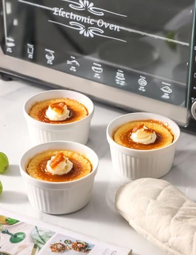 8 oz Ramekins Oven Safe Set of 6, Souffle Dish Baking Bowls, Custard Dessert Cups for Pudding Yogurt Ice Cream, Ceramic Ramiken Bowl, White