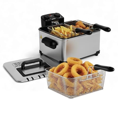 Alpha Living Electric Deep Fryer – 4.5L Deep Fryer with Basket with 2-Quart and 4-Quart Baskets – High-Grade Stainless Steel – Temperature Control and Timer – Ideal for Fried Chicken, Fries