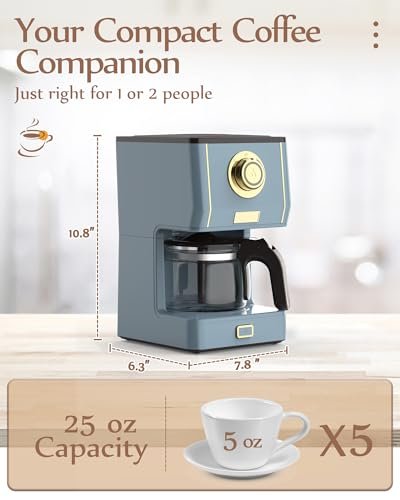 Amaste Coffee Maker, 5 Cup Coffee Pot with Three Brewing Modes, Retro Coffee Maker with Glass Carafe & Reusable Coffee Filter, Drip Coffee Maker Ideal for Home or Office, Warming Plate, Ash Blue