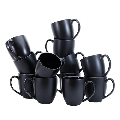 Amazon Basics 12-Pack Matte Black Ceramic Coffee Mug, 16 ounces, Microwave and Dishwasher Safe, Stoneware, Commercial-Grade