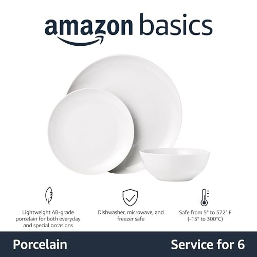 Amazon Basics 18-Piece Complete Kitchen Dinnerware Set, Microwave and Dishwasher Safe, Plates, Dishes, Bowls for Everyday Use, Service for 6, White Porcelain Coupe