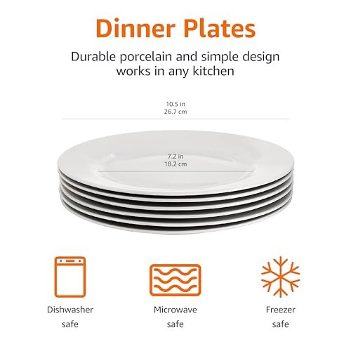 Amazon Basics 6-Piece White Dinner Plate Set, Microwave and Dishwasher Safe for Everyday Use, 10.5 inches