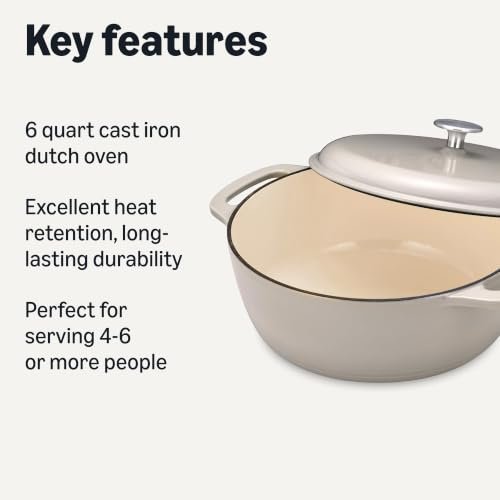 Amazon Basics Cast Iron Dutch Oven Pot with Lid, Enameled, Dual Handles, Round, Heavy-Duty, Medium, 6-Quart, Linen Gray