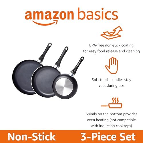 Amazon Basics Ceramic Non-Stick 3-Piece Frying Pan Set, 8 Inch, 10 Inch & 12 Inch, Black