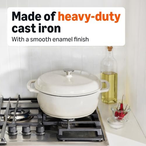 Amazon Basics Enameled Cast Iron Dutch Oven Pot with Lid, Round, Dual Handles, Heavy-Duty, Oven Safe for Stews, Roasting, Baking, 4.3-Quart, White