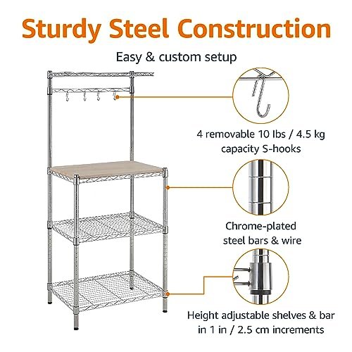 Amazon Basics Kitchen Storage Baker's Rack with Removable Wood Top, Chrome/Beige, 24"W x 59"H x 18"D