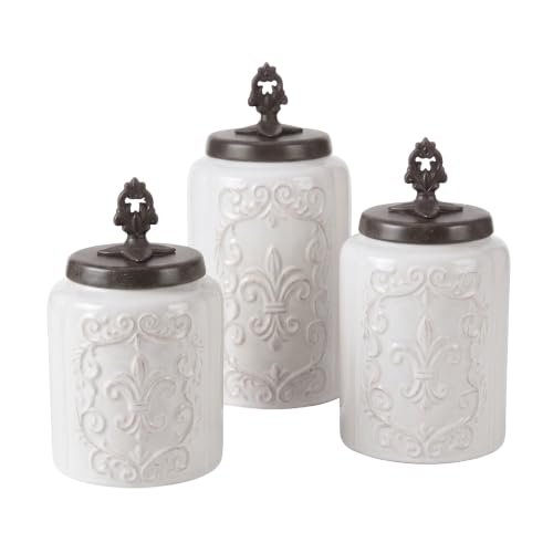 American Atelier Fleur de Lis White Canister Set 3-Piece Ceramic Jars in 84.5oz, 74.5oz, & 60oz Designed w/Airtight Stainless Steel Lids for Cookies, Candy, Coffee, Flour, Sugar, Rice, Pasta, Cereal