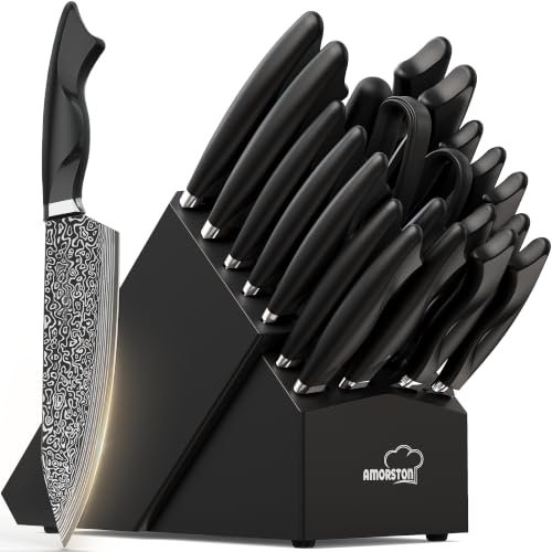 Amorston 22 Pieces Knife Block Set with Built-in Sharpener