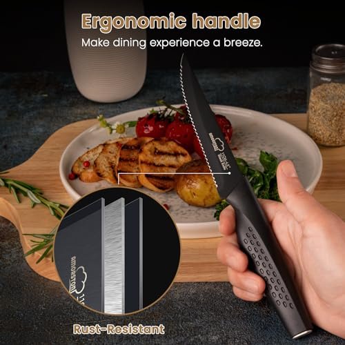 Amorston Steak Knives, Steak Knives Set of 8, Stainless Steel Steak Knife Set, Serrated Knives Dishwasher Safe, Elegant Black Mothers Day Gifts for Women