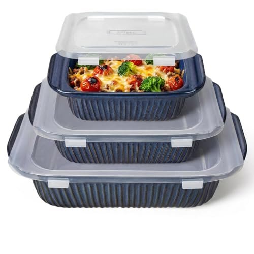 Artena Casserole Dishes For Oven, Ceramic Baking Dish, Large Lasagna Pan With Handles, Baking Pan Casserole Dish, Rectangular Bakeware Deep, Set Of 3 (5.1Qt/2.3Qt/1.1Qt) (Blue, With Lids)