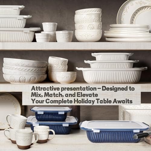 Artena Casserole Dishes For Oven, Ceramic Baking Dish, Large Lasagna Pan With Handles, Baking Pan Casserole Dish, Rectangular Bakeware Deep, Set Of 3 (5.1Qt/2.3Qt/1.1Qt) (Blue, With Lids)