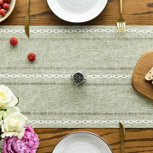 Artoid Mode Sage Green Rustic Cotton Linen Table Runner, Seasonal Embroidered Hollow Kitchen Dining Table Decoration for Home Party Decor 13x72 Inch