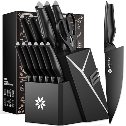 ASETY Kitchen Knife Set, 15 PCS Knife Block Set, Dishwasher Safe, Black