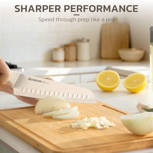 Astercook Knife Set, 15 Pieces Kitchen Knife Set with Sharpener Block, German Stainless Steel Knives with Anti-Rust Coating, Dishwasher Safe, Elegant Cream White Design, Perfect for Holiday Gifts