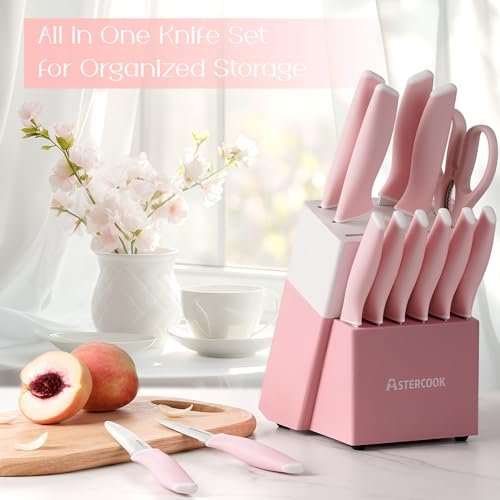 Astercook Knife Set, Kitchen Knives Set with Block and Sharpener 15 Pcs German Stainless Steel Knives Sharp Blade Dishwasher Safe Deba Knives with Ergonomic Handle, Crystal Pink