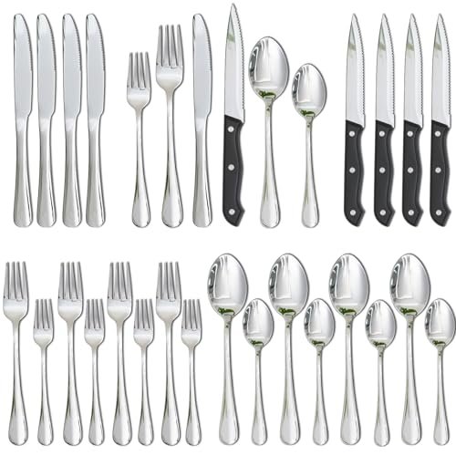 Astercook Silverware Set with Steak Knives 24-Piece Flatware Set for 4 Food-Grade Stainless Steel Cutlery Set Mirror Polished Utensils Set Include Spoons and Forks for Home Kitchen Restaurant