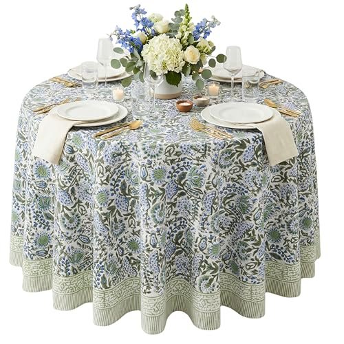ATOSII Cotton Blockprint Round Tablecloth, Clover Blue, 90 Inches