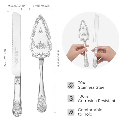 AW BRIDAL Silver Cake Cutting Set for Wedding, Engraved Cutter and Server