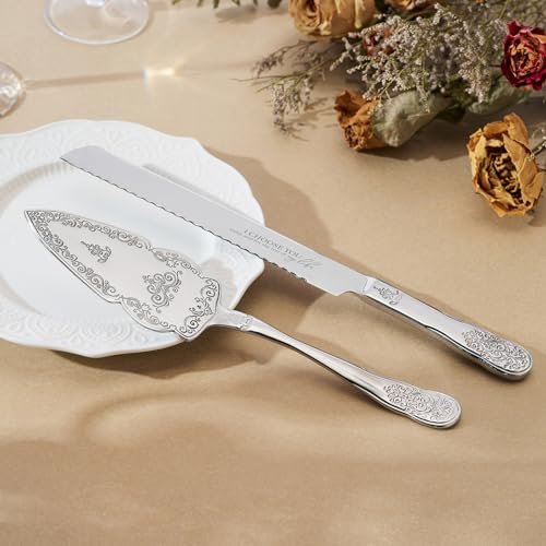 AW BRIDAL Silver Cake Cutting Set for Wedding, Engraved Cutter and Server