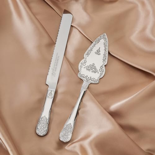 AW BRIDAL Silver Cake Cutting Set for Wedding, Engraved Cutter and Server