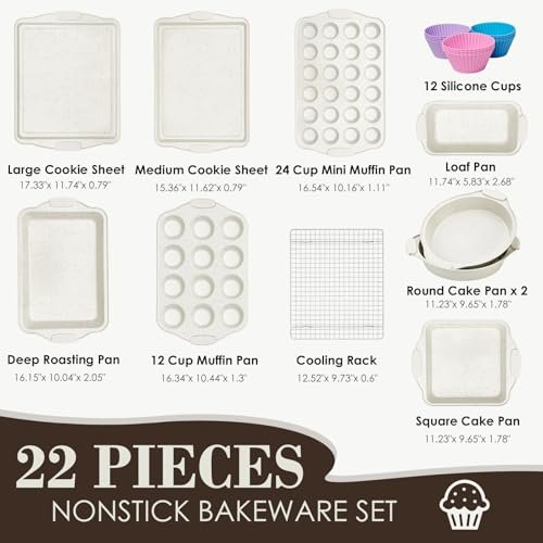 Baking Pans Set Nonstick, Stackable Bakeware Sets with Silicone Handles, AIVIKI 22 Pieces Oven Pan for Cooking Including Baking Cookie Sheet with Rack, Roast Pan, Cake Pan, Loaf Pan, Muffin Pan, Cream