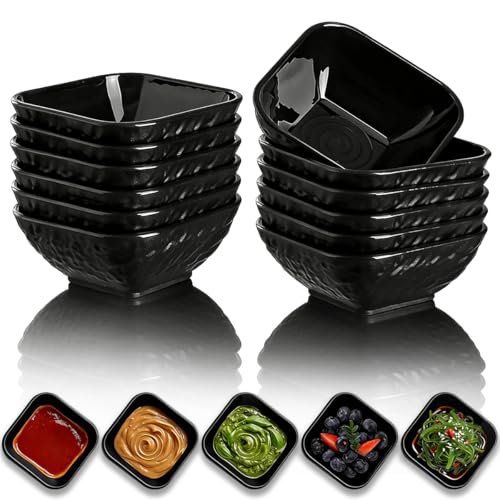 Berglander Dip Bowls Set 12pcs, 6 oz Black Plastic Dipping Bowls, Matte Stone Texture Soy Sauce Plates, Mini Appetizer Bowls for Side Dishes, Condiment Server for Tomato Sauce, Ketchup, BBQ, Party