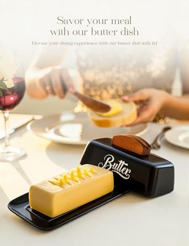 Black Butter Dish with Lid and Knife，Black Butter Tray，Ceramic Butter Holder for Counter Humanized Clamp-able Knife Handle Design Perfect for East West Coast Butter