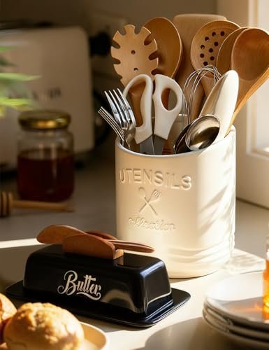 Black Butter Dish with Lid and Knife，Black Butter Tray，Ceramic Butter Holder for Counter Humanized Clamp-able Knife Handle Design Perfect for East West Coast Butter