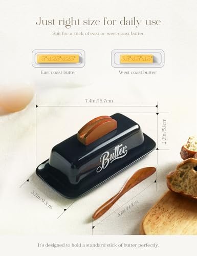 Black Butter Dish with Lid and Knife，Black Butter Tray，Ceramic Butter Holder for Counter Humanized Clamp-able Knife Handle Design Perfect for East West Coast Butter