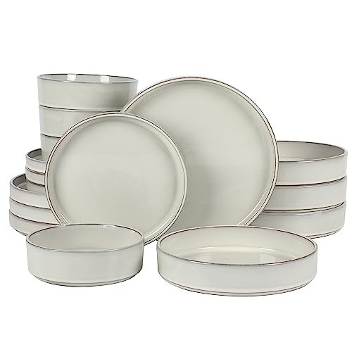 Bloomhouse - Two Time Oprah's Favorite Things Winner - Santorini Mist Double Bowl Terracotta Reactive Glaze Plates and Bowls Dinnerware Set - Moonstone White, Service for Four (16pcs)