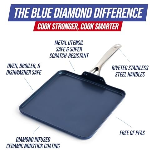 Blue Diamond 11" Diamond Infused Ceramic Nonstick Square Griddle Pan, Blue