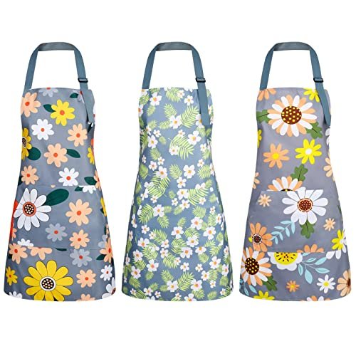 BOUMUSOE 3 Pack Floral Aprons with Pocket, Blooming Womens Aprons