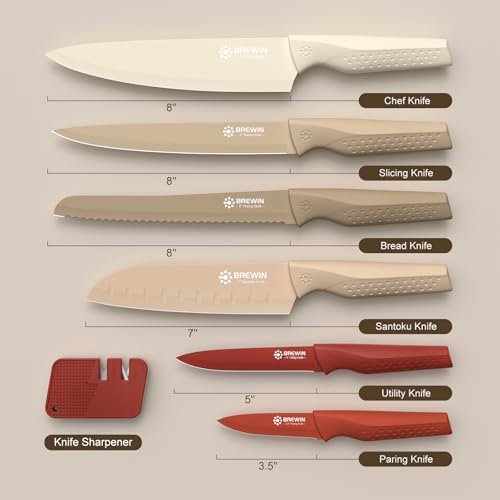 Brewin Knife set, 13 Pieces Kitchen Knives Set with Sharpener, Anti-Rust Coating and Blade Guard, Home Essentials, Camping Essentials - Muliticolor