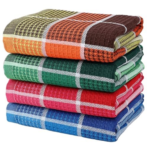 Bright Large Kitchen Towels, 4-Pack, 16 Inch x 26 Inch Buffalo Check Dish Towels for Washing Drying Dishes, Colorful Waffle Design Tea Towel Bar Towel, Buffalo
