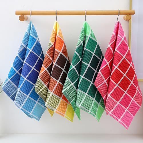 Bright Large Kitchen Towels, 4-Pack, 16 Inch x 26 Inch Buffalo Check Dish Towels for Washing Drying Dishes, Colorful Waffle Design Tea Towel Bar Towel, Buffalo