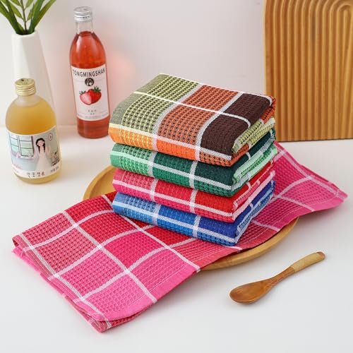 Bright Large Kitchen Towels, 4-Pack, 16 Inch x 26 Inch Buffalo Check Dish Towels for Washing Drying Dishes, Colorful Waffle Design Tea Towel Bar Towel, Buffalo
