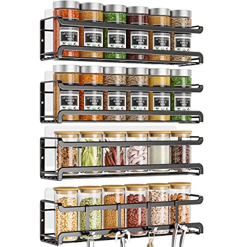 Bunoxea Spice Rack Wall Mounted 4 Pack, For Spice Jars & Seasonings,Black