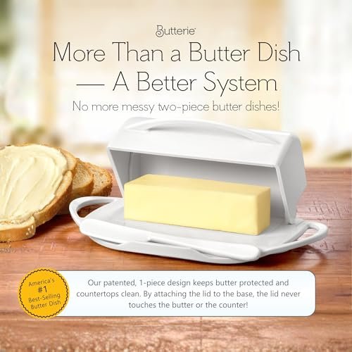 Butterie Flip Top Butter Dish with Attached Lid & Matching Knife - Holds 2 Sticks, Fits Kerrygold/European Butter - BPA Free & Dishwasher Safe - White
