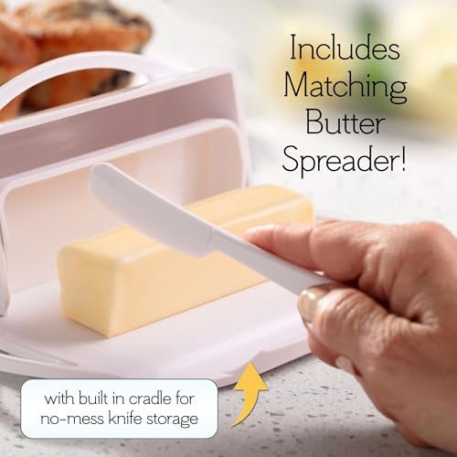 Butterie Flip Top Butter Dish with Attached Lid & Matching Knife - Holds 2 Sticks, Fits Kerrygold/European Butter - BPA Free & Dishwasher Safe - White