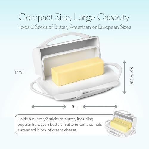 Butterie Flip Top Butter Dish with Attached Lid & Matching Knife - Holds 2 Sticks, Fits Kerrygold/European Butter - BPA Free & Dishwasher Safe - White
