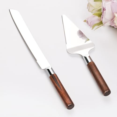 Cake Cutting Set for Wedding, Wood Cake Knife and Server Set, Vintage Pie Cake Cutter, Silver Pizza Dessert Utensils Bridal Anniversary Birthday QuinceaΓ±era Gift (Original Wood)