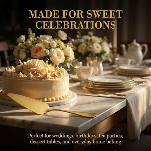 Cake Server Set 2 Piece Gold, 8.94" Stainless Steel Pie Cutter and Knife