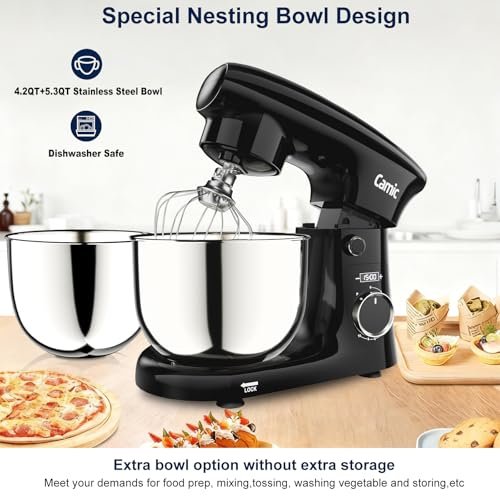 Camic Stand Mixer, 4.2QT+5.3QT Two bowls Electric Food Mixer, 10 Speeds with Digital setting 3-IN-1 Kitchen Mixer for Baking Cakes Cookie Bread Salad with Egg Whisk,Dough Hook,Flat Beater (Black)