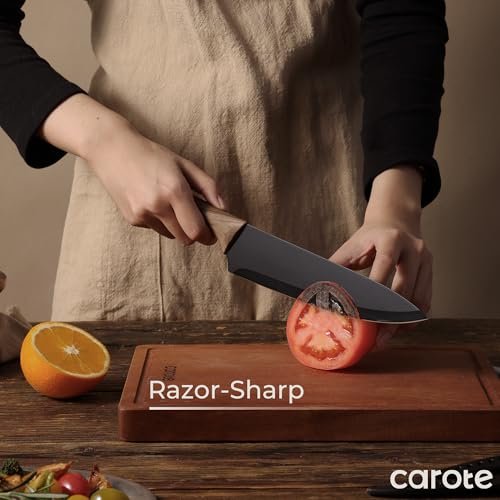 CAROTE 12-Piece Knife Set, Knives with Wood-Grain Finish Handles, Black