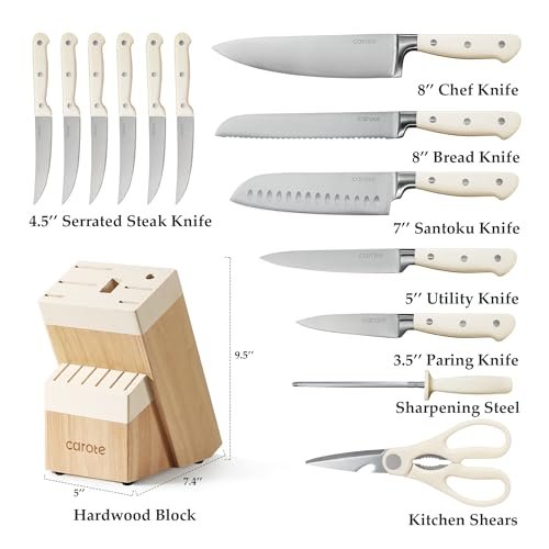CAROTE 14-Piece Knife Set with Wood Block, Rust-Resistant, Cream