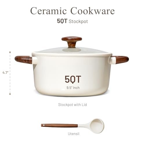 CAROTE 5QT Nonstick Stock Pot with Lid, 5 Quart Casserole with Ladle, Even Heating Stockpot, Fits All Stoves, Non Stick Big Cooking Pots PFOA Free, White