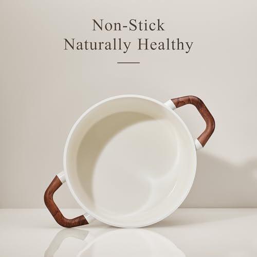 CAROTE 5QT Nonstick Stock Pot with Lid, 5 Quart Casserole with Ladle, Even Heating Stockpot, Fits All Stoves, Non Stick Big Cooking Pots PFOA Free, White