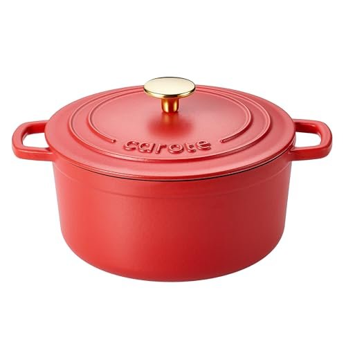 CAROTE Enameled Cast Iron Dutch Oven Pot with Lid, 4QT Red