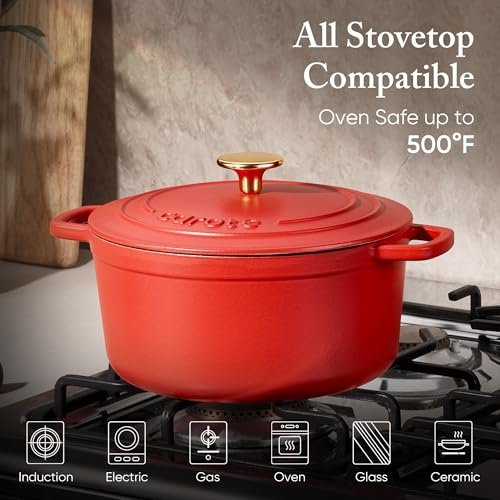 CAROTE Enameled Cast Iron Dutch Oven Pot with Lid, 4QT Red